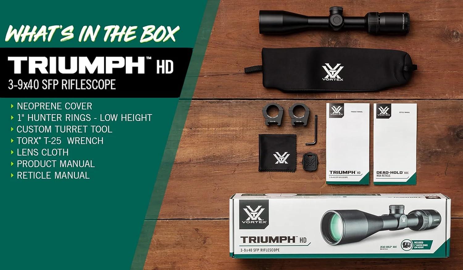 image:imageVortex Triumph HD 39x40 Second Focal Plane 1inch Tube Riflescope Kit DeadHold BDC MOA Reticle 1 Hunter Rings 090 Low Height Neoprene Cover