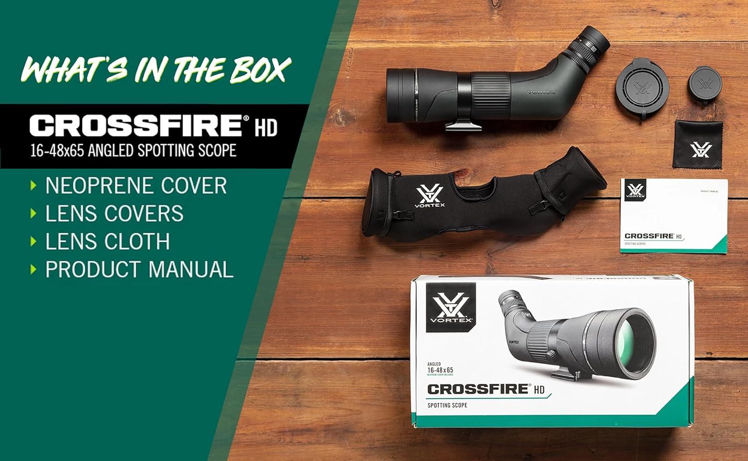 image:imageVortex Optics Crossfire HD Spotting Scopes HD Optical System Wide Field of View Helical Focus Tripod Adaptable Rubber Armor Waterproof Fogproof Shockproof Unlimited Unconditional Warranty1648x65 Angled