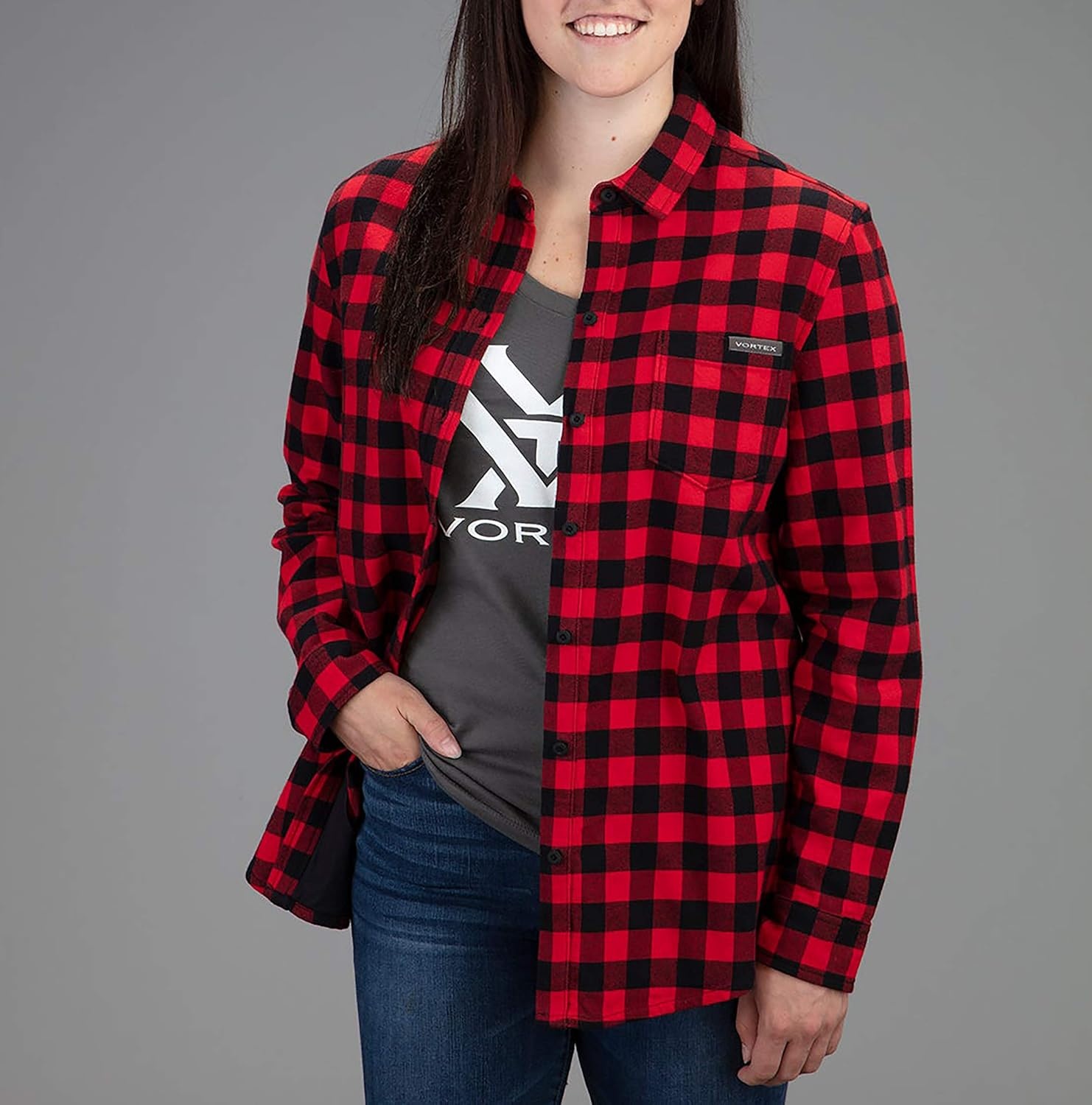 image:imageVortex Womens Timber Rush Flannel MoistureWicking HighPerformance Cotton Long Sleeve ShirtRed Buffalo